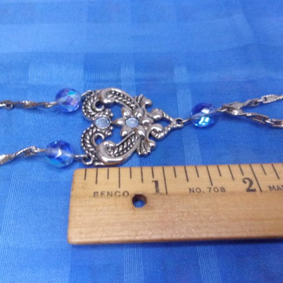 Blue Bead Silver Bar Link Lariat Style Necklace 26" Long - Picture 10 of 11